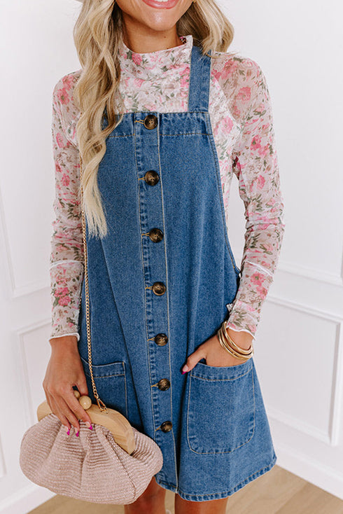 Wide Strap Button Front Pocketed Denim Mini Dress